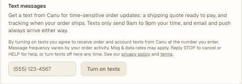 The Text messages card in Canu account settings, with the consent wording and the Turn on texts button